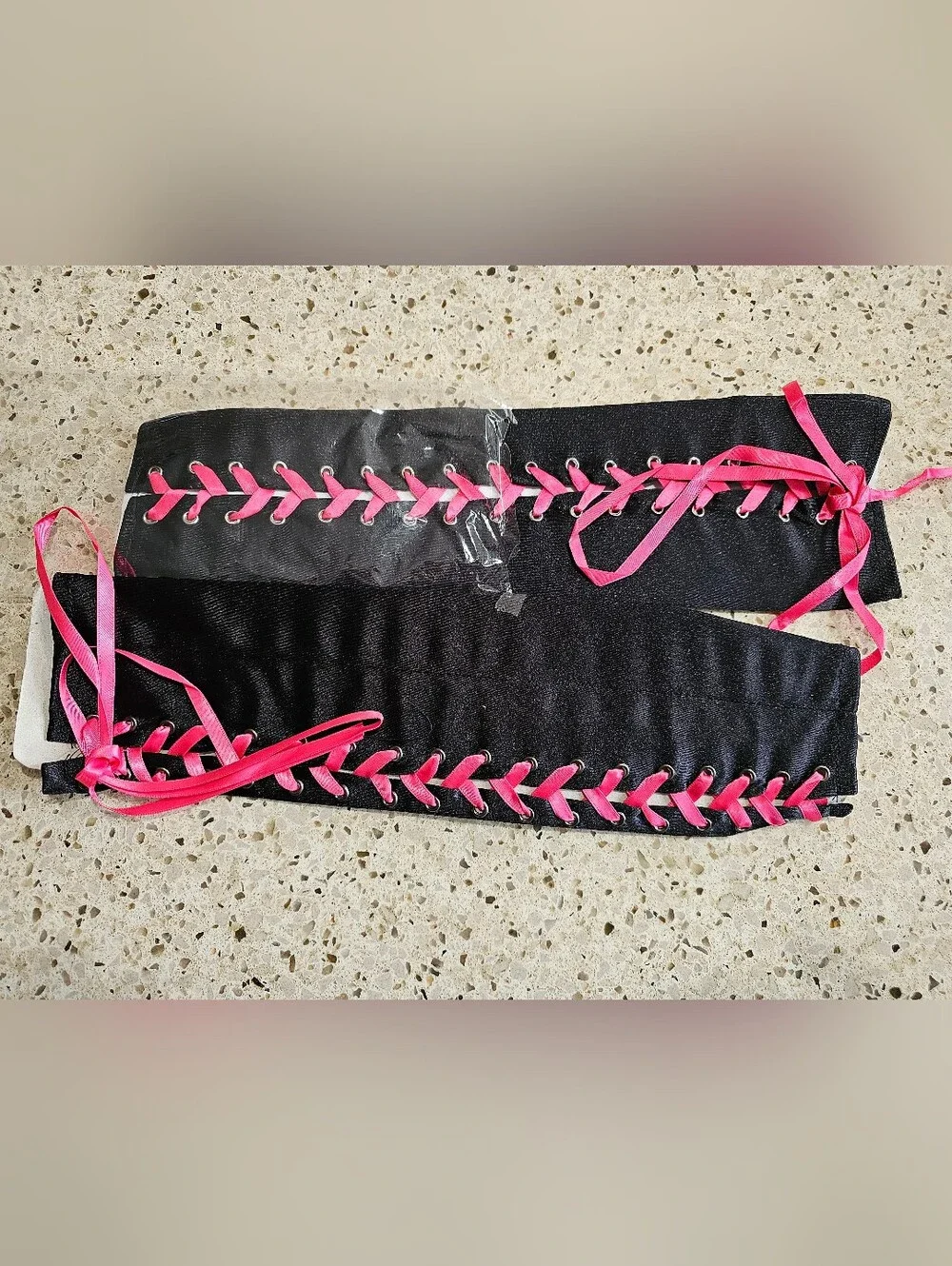Black Fingerless Gloves With Pink Lace-Up Detail